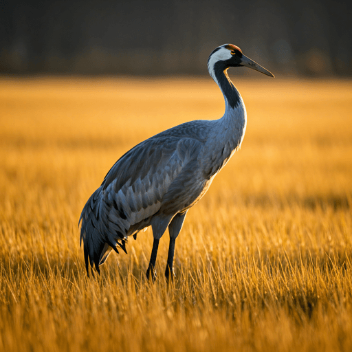 Majestic White-naped Crane standing in golden Mongolian marshland at sunrise